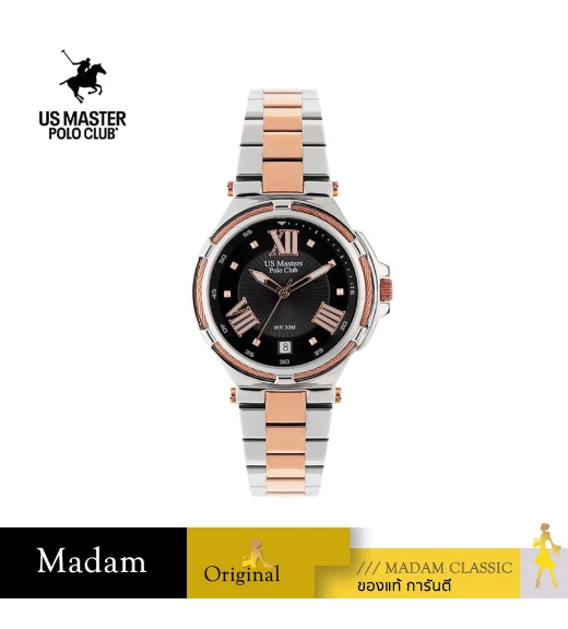 นาฬิกาข้อมือ US MASTERS POLO CLUB USM-DH03-SRG-BK FIRST LADY STRING ROMAN DATE SILVER ROSEGOLD / BLACK 36 MM,SILVER ROSEGOLD / BLACK