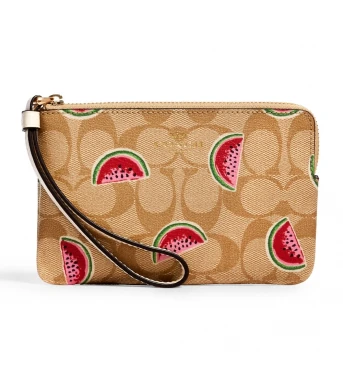 กระเป๋าคล้องมือ1ซิป CORNER ZIP WRISTLET IN SIGNATURE CANVAS WITH WATERMELON PRINT  (IMR0Q) สี: IM/LT KHAKI/RED MULTI