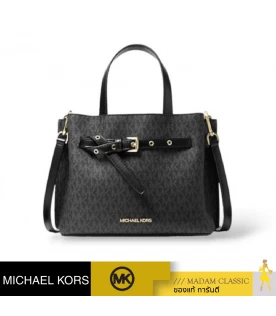 กระเป๋าสะพายข้าง Michael Kors 35H0GU5S1B Emilia Small Signature PVC Army Green Buckle Strap Satchel Handbag(BLACK)
