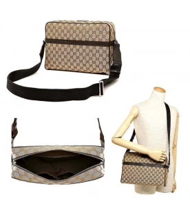 GUCCI GG CANVAS MESSENGER SHOULDER BAG (BEIGE/EBONY/BROWN)