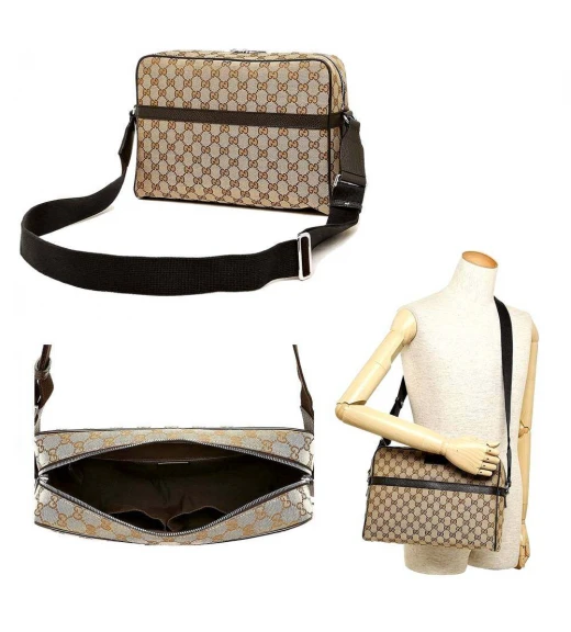 GUCCI GG CANVAS MESSENGER SHOULDER BAG (BEIGE/EBONY/BROWN)
