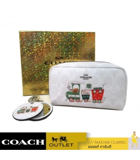 กระเป๋าเครื่องสำอาง  COACH C1751 BOXED SMALL BOXY COSMETIC CASE AND MIRROR BAG CHARM IN SIGNATURE CANVAS WITH TRAIN (SVRFI) 