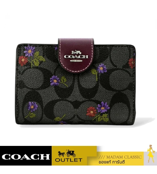 กระเป๋าสตางค์ COACH CM986 MEDIUM CORNER ZIP WALLET IN SIGNATURE CANVAS WITH COUNTRY FLORAL PRINT (SVW6M)