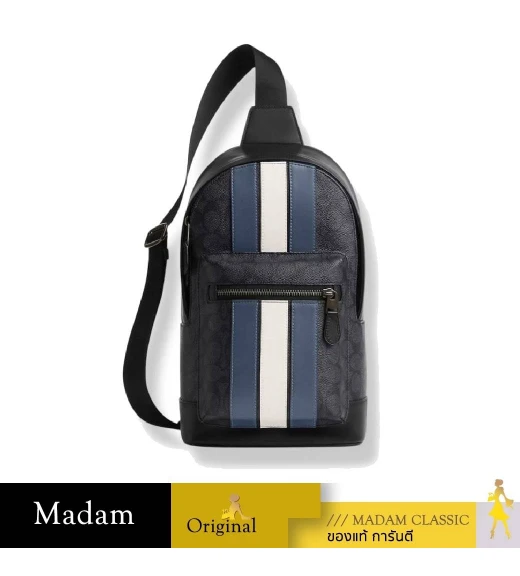 กระเป๋าคาดอก COACH CV923  WEST PACK IN SIGNATURE CANVAS WITH VARSITY STRIPE (QBOH0)	